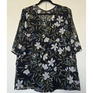 Bobeau Women's Blouse Top Size 1X Black/white and Green 3/4 Flowing Sleeves~EUC